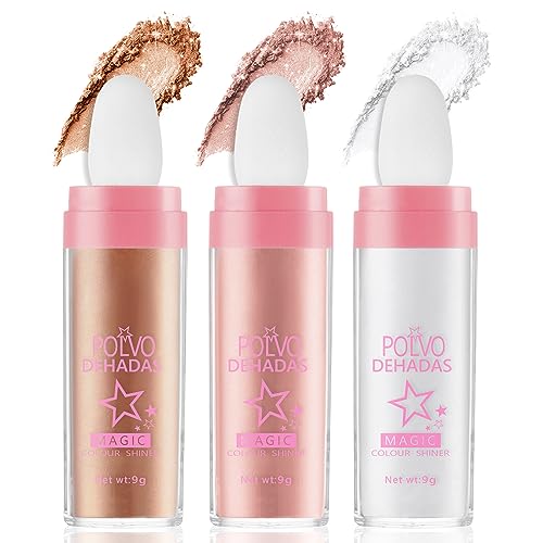 AOOWU Highlighter Puder Stick, Glitzer Patting Puder, Body Glitter Highlighter Patting, Fairy Highlighter Powder Stick, Körper Aufhellen Schimmer Sparkle für Gesicht Lippen(Weiß+Rosa+Goldbraun)