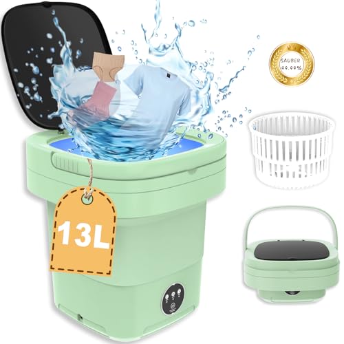 13L Mini Waschmaschine Faltbare, 2 in 1 Tragbare Mobile Washing Machine Klein, Effiziente Kleine Waschmaschine für Babykleidung, Unterwäsche, Camping, Wohnmobile, Geschenke, Reisen Green