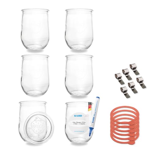 WECK 1,0l Einmachglas 1000ml Tulpen-Form - verwendbar als Marmeladenglas, Vorratsglas, Konservenglas 6 Stück Inklusive Etikett - Made in Germany