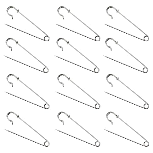 12 Stück Sicherheitsnadeln Groß,Große Safety Extra Large Extragroß Lang Silber Vintage Sicherheitsnadel für Pins Kiltnadel Hutnadeln Tuchnadel Schmucknadel Necklace Baby Kette Silberne Silbrig Metall