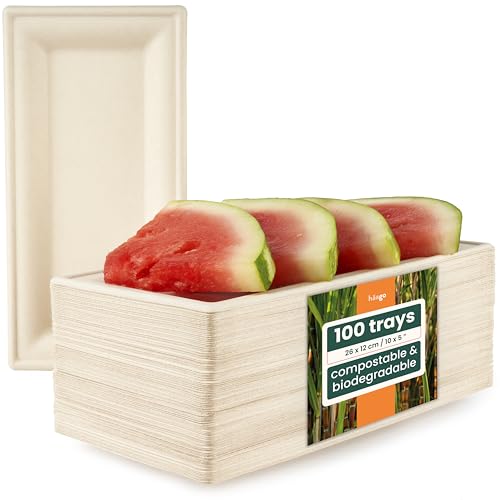 HAAGO Zuckerrohr Bagasse Servierplatten, Rechteckig Einwegteller, 26x12cm - Buffet, Snacks, Fingerfood - Stabil, Biologisch Abbaubar & Kompostierbare (100 Pack)