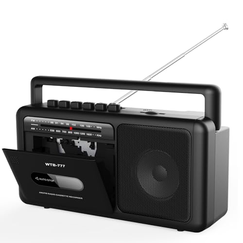 Tragbare Kassettenspieler Boombox,Vintage-AM/FM-Stereoradio mit Bluetooth, USB, Kopfhöreranschluss, tragbarer Kassettenrekorder für zu Hause oder draußen (Black)