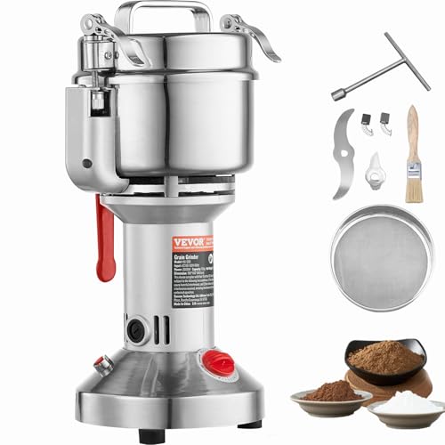 VEVOR elektrische Getreidemühle, Hochgeschwindigkeits-Gewürzmühle 550 g 2000 W, Pulverisierer aus Edelstahl, für trockene Körner Gewürze Getreide Kaffee Mais Pfeffer, Silber 195 x 160 x 365 mm