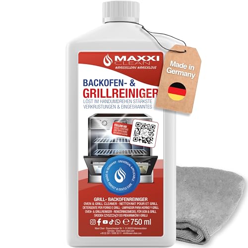 MAXXI CLEAN | Backofen & Grillreiniger - das Original | 750 ml Gel und 1x Microfasertuch | selbstarbeitender Reiniger und Fettlöser | für Herdplatte & Grill | löst Verkrustungen