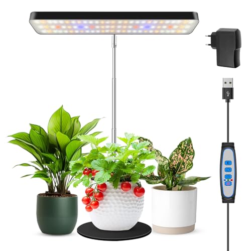 Wiaxulay Pflanzenlampe LED, Vollspektrum Pflanzenlicht für Zimmerpflanzen, Höhenverstellbares Grow Lampe mit mit Zeitschaltuhr 6/12/16 Std mit USB Adapter, 3 Lichter Modi und 5 Helligkeit