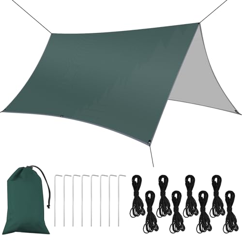 Flintronic Tarp Wasserdicht 3x3m, Ultraleicht Zeltplanen, UV Schutz Camping Sonnensegel Zelt, mit 8 Heringe und 8 Seilen Sonnenschutz, für Camping, Wandern, Hängematte Outdoor (Armeegrün)