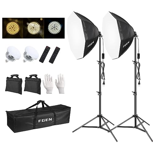 FGen Softbox Set Fotostudio，70cm Achteckiges Softbox LED Fotolicht mit 135W 3000-6500K, 2m Vollverstellbare Lichtstativ Foto licht für YouTube, Tiktok Videoaufnahmen, Studio Portraits, Fotografie