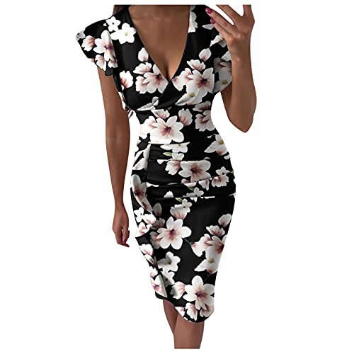 Briskorry V-Ausschnitt Blumen Etuikleider Knielang Business Kleider Damen Sommer Elegante Bustier Festkleider Sexy Rüschensaum Gerafftes Ärmelloses Enges Kleid Partykleid Vintage Dress