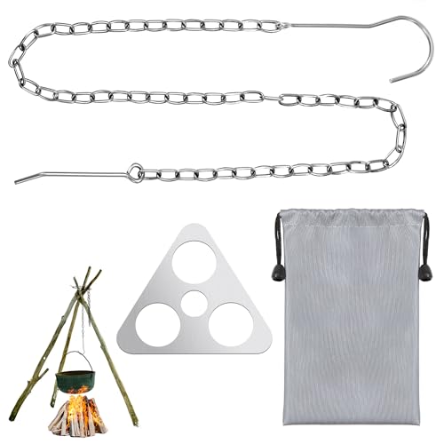 Heveer Camping Stativ Grillbrett Tragbares Dreibein Ring mit Verstellbarer Kette zum Aufhängen Edelstahl Camping Lagerfeuer Kochen Zubehör für Outdoor