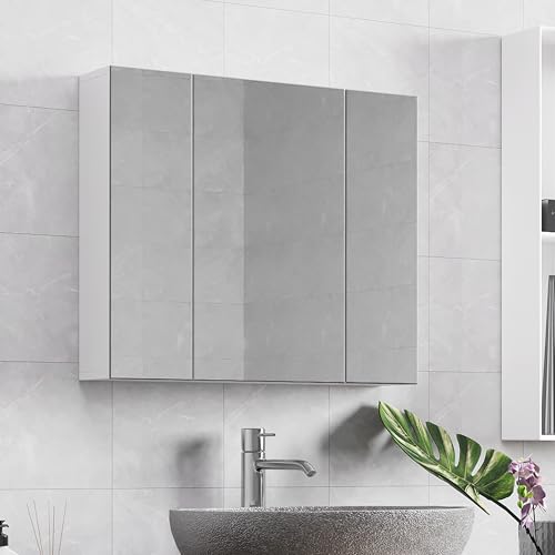 Yaheetech Spiegelschrank Badezimmerschrank mit 3 Spielgeltüren Aufbewahrungsschrank Wandschrank Medizinschrank Hängeschrank für Badezimmer 70,5 × 15 × 60,5 cm Weiß