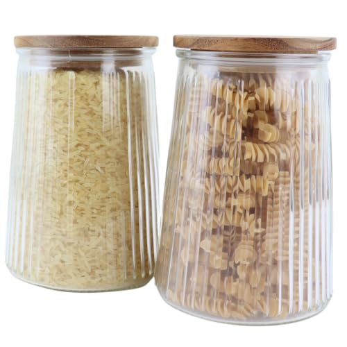 OTIX Vorratsgläser - Glas - mit Deckel - Süßigkeitengläser - 2er Set - Lebensmittelaufbewahrungsbehälter - Kaffeepads Vorratsbehälter - Akazienholz - 950ml - SIRIUS