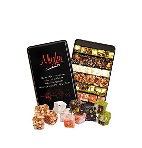 Mughe Gourmet Sultan Pistazien Türkische Delight Süßigkeiten, elegante Geschenkdose - 650g - Lokum Delights Pistazien, Orange, Haselnuss, Mandeln - Perfekte Geschenke für Muttertag, Geburtstag
