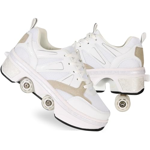 AGLOAT Rollschuhschuhe für Mädchen und Kinder mit Rollen, verstellbare Quad-Kick-Rollschuhe für Damen, 2-in-1-Inline-Skates, Verformungstrainer für Anfänger, Grey-39 EU / 6 UK