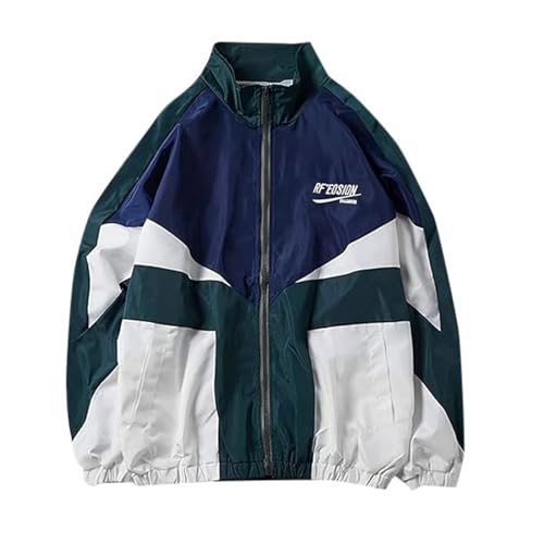 2025 „Übergroße Retro-Streetwear-Jacke mit Patchwork-Farben-Stil, Vintage-Casual-Sportbekleidung-Windbreaker“ Moden Mantel (Green, M)