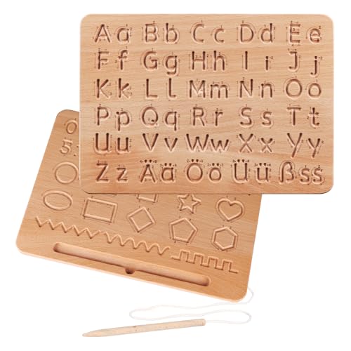 LOOPES Alphabet Schreibtafel Holz Alphabet Tracing Boards Kinder Shulanfang Geschenk ABC Lernen Holzbrettchen Doppelseitiges Übungsbrett für 3 4 5 Jahre Kinder Einschulung Geschenk Schuleinführung