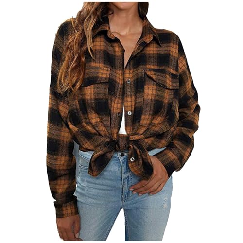 Generisch Hemd Kragen Damen Damen Langarm Kariertes Hemd Mit Knopfleiste Bluse Top Bluse Biobaumwolle Damen (Brown, M)