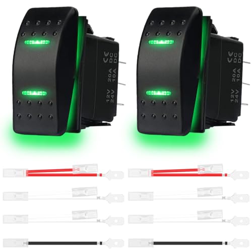 MKBKLLJY 2St. Automatischer Sperr-Wippschalter Kippschalter Ein/Aus/Ein 3 Positionen Wasserdicht DC 12V/20A 24V/10A 7Pin DPDT Grünes LED Licht mit Überbrückungskabeln Set für Marine Boot Auto