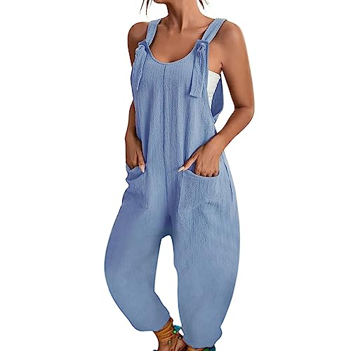 Latzhose Damen Sommer Weites Bein Jumpsuit mit Tasche Lässig Lose Overall für Frauen Strampler Ärmellos Riemchen Latzhose Verstellbar Strampelanzüge Blau S