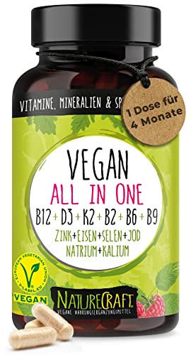 Vegan All-in-One - Vitamin B12+D3+K2+B2+B6+B9 Folsäure + Zink + Eisen + Selen + Natrium + Kalium + Jod - Komplex mit 120 Kapseln (4 Monats-Vorrat)