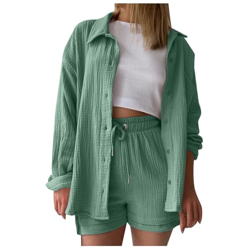 Generisch Zweiteiler Damen Sommer Outfits Musselin Bluse und Shorts, Aesthetic 2 Teiler Lounge Set Elegant Baumwolle Sportanzug Oversize Hosenanzug Langarm Hausanzug Y2K Clothes