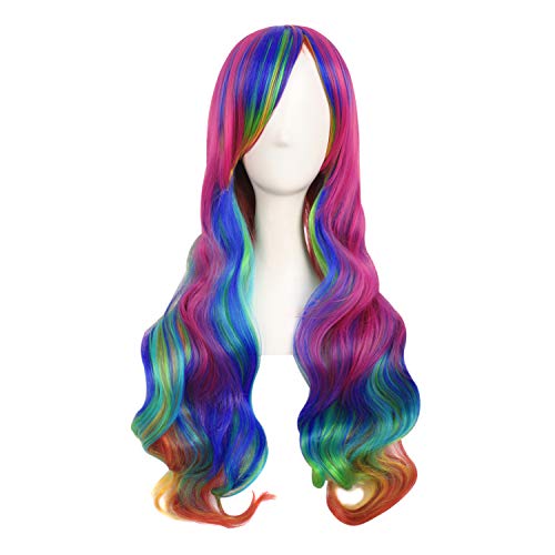 MapofBeauty 28 Zoll/70cm Damen Glatt Pony Mehrfarbig Cosplay Länge Locken Glamor Perücke (Regenbogen Farbe)