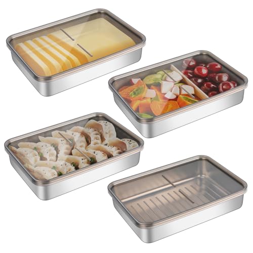 Set mit 4 Aufschnittbox Fresh, Lebensmittel Aufbewahrungsbox, Kühlschrank Organizer, Stapelbare Edelstahl-Box, Geschirrspüler Gefrierschrank für Käse,Fleisch (Mit transparentem Deckel)