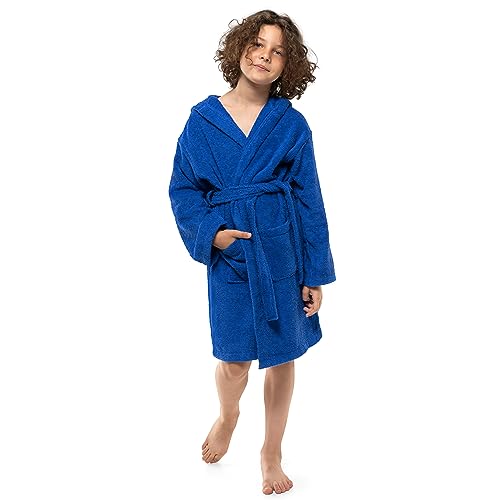 Twinzen Kinder & Teenager Bademantel Mit Kapuze - 100% Öko Tex Baumwolle, Für Jungs 13-14 Jahre, Dunkelblau Frottee, Extra Weich Und Saugfähig