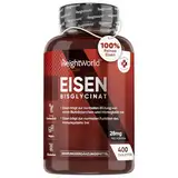 Eisentabletten - 400 Tabletten - Für Immunsystem, Energiestoffwechsel & Blutbildung (EFSA) - Aus Eisenbisglycinat (Eisen Chelat) - 6+ Monate Vorrat - Hoch bioverfügbare Form von Iron - WeightWorld