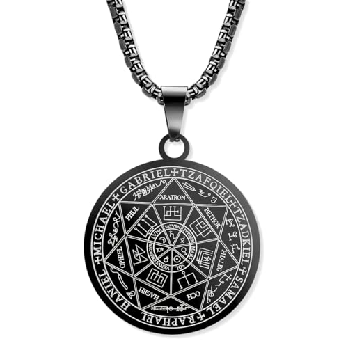 KSJEHW Halskette Herren 7 Erzengel Siegel Medaille Talisman Halskette für Männer Frauen Edelstahl Pentagramm Talisman Anhänger Amulett Magische Schutzkette Männlicher Schmuck Glücksbringer(schwarz)