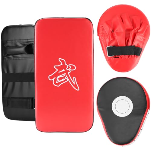 QWORK® Kickboxen Schlagpolster Set, 2 Handpratzen und 2 Trittschlagpolster aus Hochwertiges PU Leder mit Dicker Schaumstofffüllung - für Kickboxen Thaiboxen Karate MMA Training