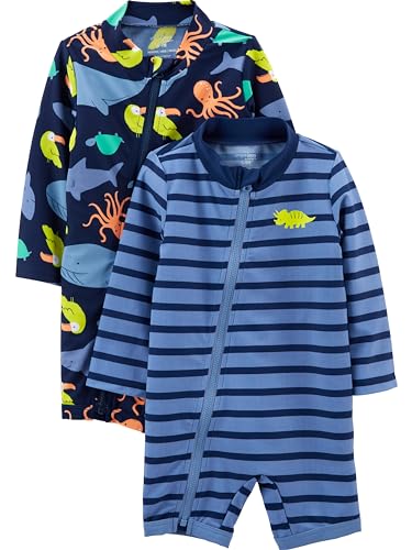 Simple Joys by Carter's Baby Jungen Assorted Rashguard-Set Badeanzug, Marineblau Meereslebewesen/Purpur Streifen, 12 Monate (2er Pack)