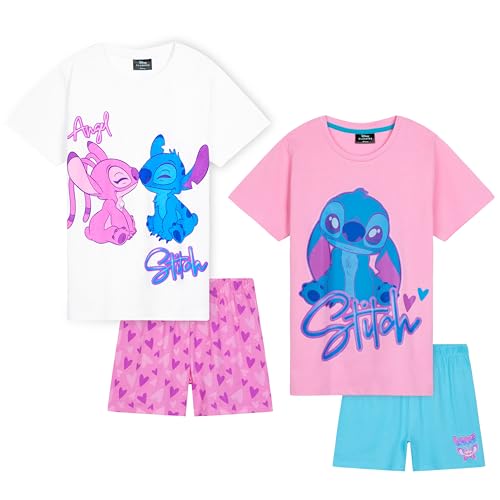 Disney Stitch Schlafanzug Mädchen Kurz, Pyjama T-Shirt & Shorts - Stitch Sachen (Rosa/Blau - 2er-Pack, 11-12 Jahre)