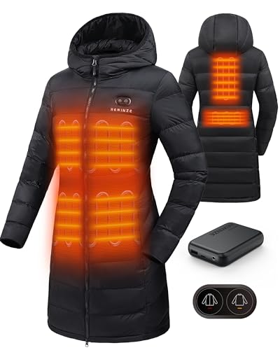 HEWINZE Beheizter Puffermantel mit Kapuze für Damen – elektrische Dual-Control-Heizjacke mit 7,4-V-Akku, EU Groß, Schwarz