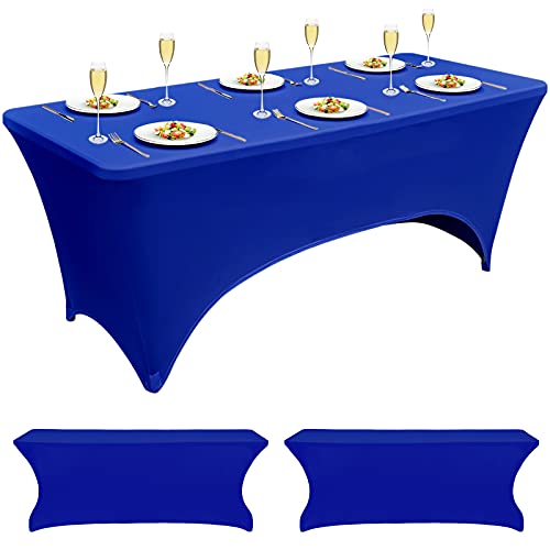 2 Packungen Elasthan Tischdecke 6ft Polyester Rechteckige Tischdecke Dehnbare Tischdecke Eng anliegende Tischdecke Hochzeitsbankett Party Cocktailbar Terrasse Handwerksausstellungen Tischdecke (Blau)
