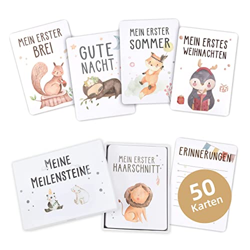 Marvelights Meilensteinkarten Baby, 50 Karten Inkl. Geschenkset für Junge und Mädchen, Boho Stil Meilenstein Karten Set, Geschenkbox zur Geburt & Babyparty, Baby/Neugeborenen Geschenk