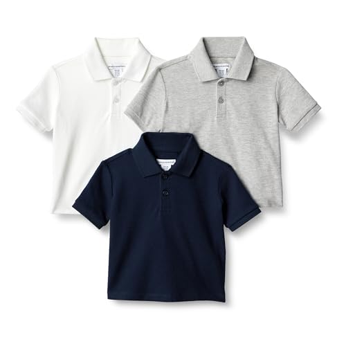 Amazon Essentials Baby Jungen Poloshirt aus Baumwoll-Stretch, 3er-Pack, Hellgrau Meliert/Marineblau/Weiß, 12 Monate