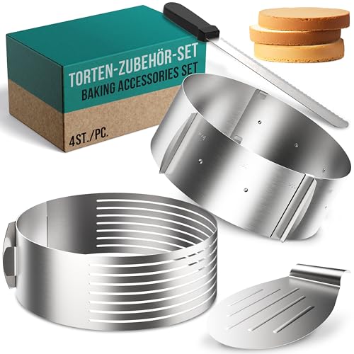4smile Tortenzubehör - Edelstahl Torten Schneidehilfe Set, 4 Teile - Tortenboden Schneidehilfe + Konditormesser + Tortenheber + Tortenring verstellbar hoch 8,5 cm - Kuchen Schneidehilfe Set