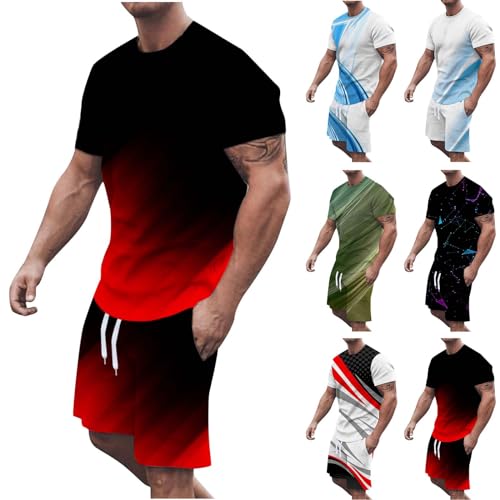 XINYUNZU Trainingsanzug Herren Jogginganzug Kurzarm Sportanzug Freizeitanzug 2 Teiler Casual Outfit Sommer Kurze Hosen + T Shirt Tracksuit Sport Set Hausanzug Männer Sport Kleidung Warehouse Rot M