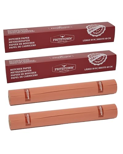 FRITZTOWN® Butcher Paper Deluxe Pink 60cm x 50m Rolle-Box mit Abreißkante | Lebensmittelsicher | Kraftpapier Grillpapier | Ideal für BBQ, Smoken, Räuchern und Fleischverpackung (2 Stück)