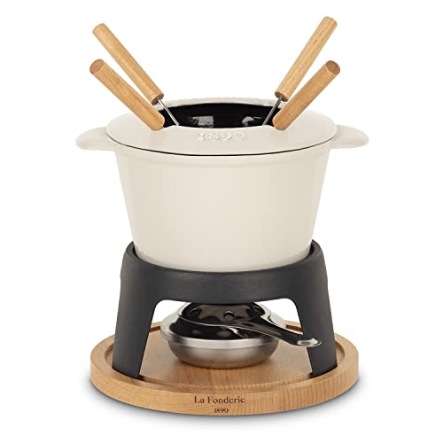 La Fonderie 1890 Fondue-Set aus Gusseisen, Beige, 4 Personen Mont Joly, für Käse- und Schokoladenfondues, Spritzschutz, 4 Gabeln mit Buchenholzgriffen, Fassungsvermögen 1,2L