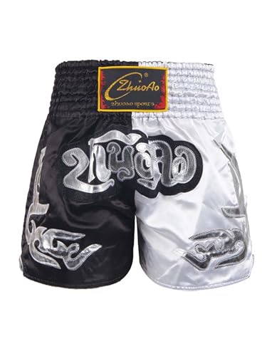 Miaeowve Kinder Junge Muay Thai Short Fighter Thaishorts Thaiboxen Hose Kickboxen Kurz Leggings Kickboxing Sportbekleidung Fitness Schwarz-Weiss 122-128