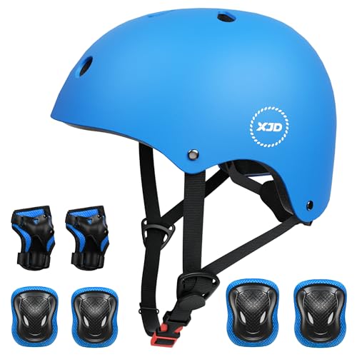 XJD Fahrradhelm Kinder Schoner Set(7er) Kinder Helm mit Knie- & Ellenbogen- & Handgelenkschützer Verstellbarer Schutz Jugend Skaterhelm für 3-13 Jahre Alt (Blau Set, M: 55-57 cm)