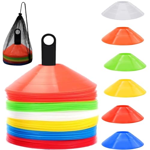 LATERN 60 Stück Markierungsscheibenkegel, 19CM Fußball-Trainingskegel Sport-Sicherheits-Markierungskegel mit Tragetasche und Halter für Beweglichkeit Fußarbeit Basketball Fußball Sport (6 Farben)