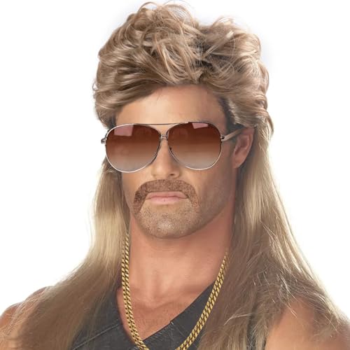 iZoeL Vokuhila Perücke 80er 90er Jahre Outfit Accessoires Herren - Blond Perücken Wig Sonnenbrille Halskette - Männer Karneval Fasching Perücke Faschingskostüme Halloween Party Kostüme