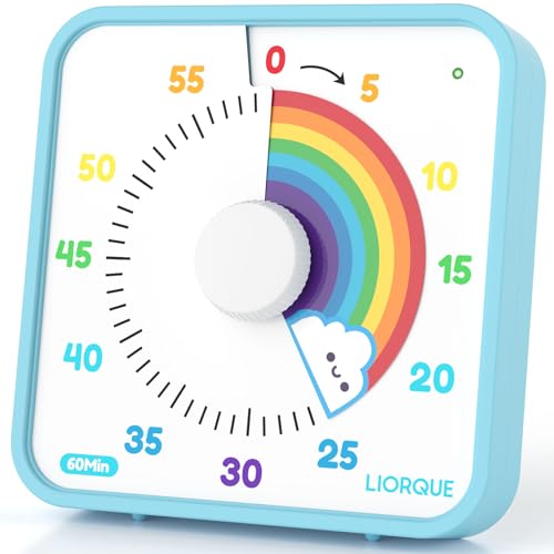 LIORQUE 19cm Visueller Timer 60 Minuten Countdown Timer mit großem Bildschirm für Kinder und Erwachsene Leiser Kurzzeitmesser für Küche Schule Büro Batterie inklusive (Regenbogen)