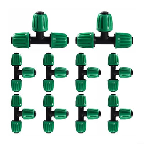 10 Stück 16 mm Tropfbewässerungs-T-Anschlüsse, Tropfbewässerungsbeschläge-Set für 16 mm Schläuche, Tropfbewässerung, Stachelverbinder für Garten, Rasen, mit Schalterventil, T-Stücke, Ellenbogen,