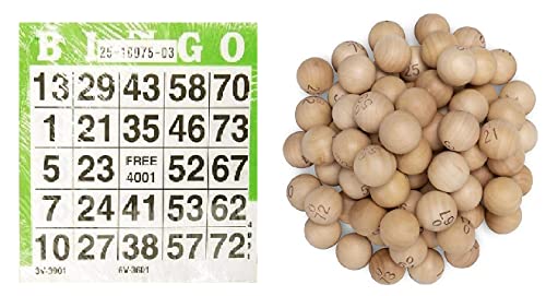 K-S-S Bingo Zubehör Bingokugeln aus Holz mit Gravur für Bingokäfige ganzer Satz 75 Kugeln + 500 Blatt Bingokarten