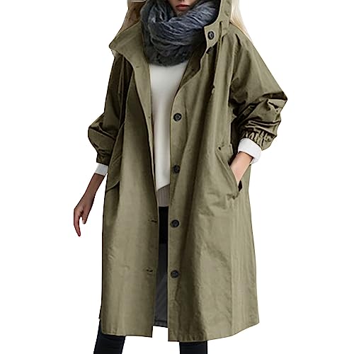 Beokeuioe Damen Trenchcoat Oversized Mantel Lang Umlegekragen Windjacke Einfarbig Damenmantel Übergangsmantel mit Taschen und Knöpfen Jacke Outwear Windbreaker Leicht Kapuzenjacket