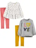 Simple Joys by Carter's Mädchen 4-Piece Long-Sleeve Shirts and Pants Playwear Hosen-Set, Gelb Punkte/Grau Love/Rosa/Weiß Floral, 5 Jahre