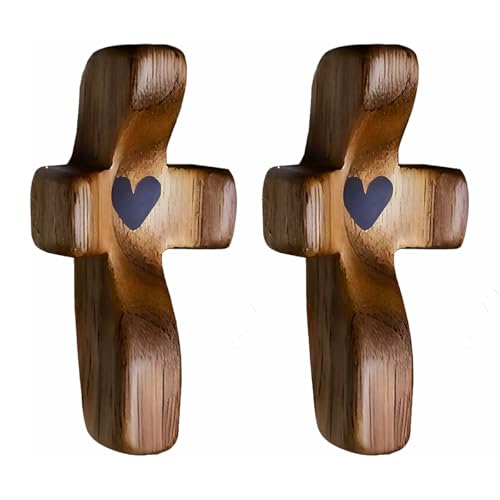 Tiardey 2 Stück Holzkreuze, handgehaltenes Schutzkreuz aus Holz, Jesus-Kreuz aus Holz in Herzform zum Stressabbau, Mein Herz ermutigt Geschenke, Daumenkreuz zum Gebet